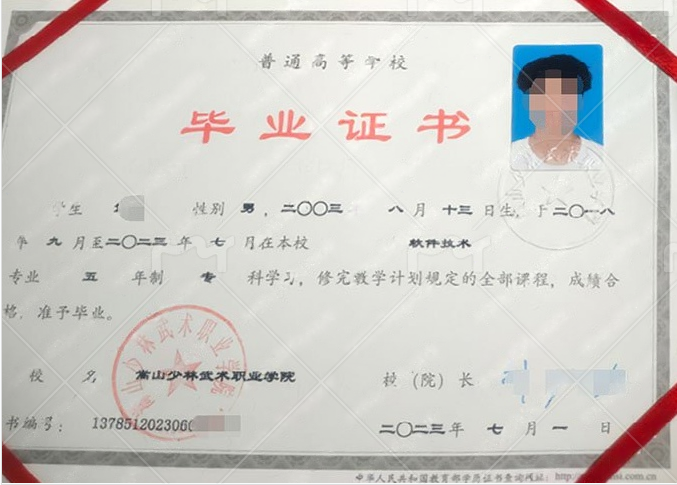 嵩山少林武术职业学院2023年普通全日制专科毕业证书样本图片（软件技术）