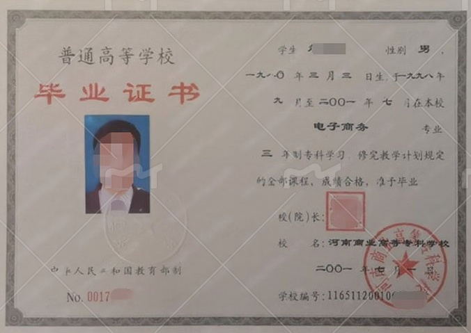 河南商业高等专科学校2001年普通全日制专科毕业证书样本图片（电子商务）